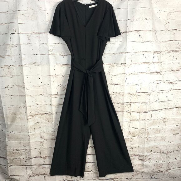 Preston & York Black V-Neck Tie Waist Wide Leg Jumpsuit Size 14 Flutter Sleeve - Picture 1 of 7